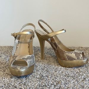 INC high heels in gold and multi snake skin.